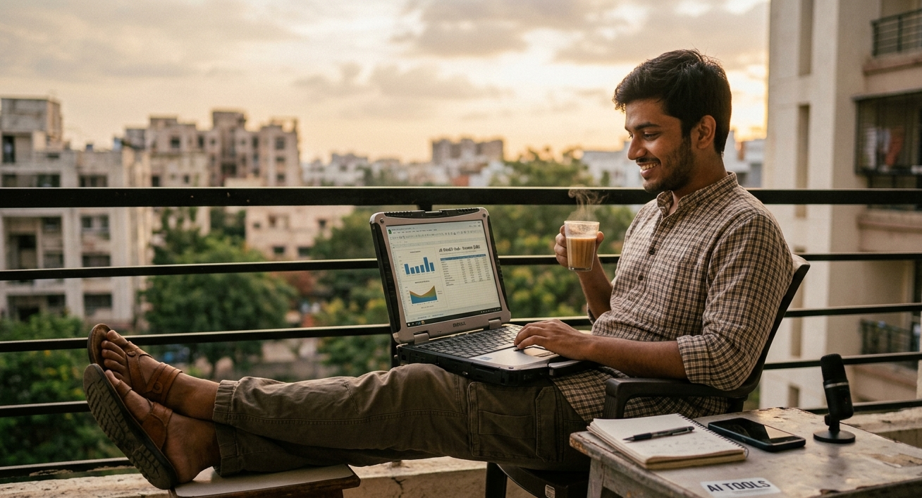 A young man working on a laptop on a balcony while drinking tea, illustrating the lazy way to make money with AI online.